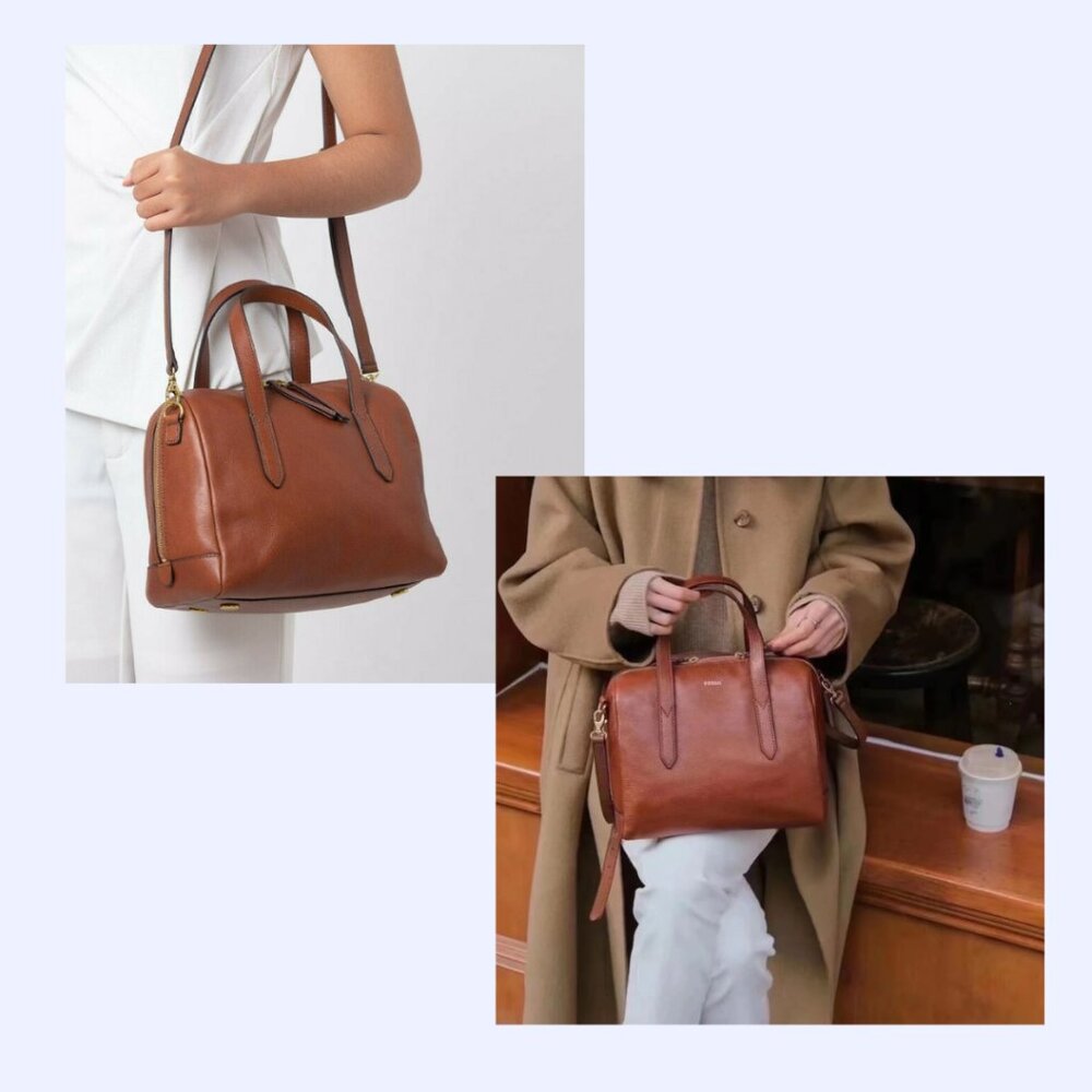 Fossil Leather "The Sydney Satchel" Bag with Crossbody Strap in Medium Brown